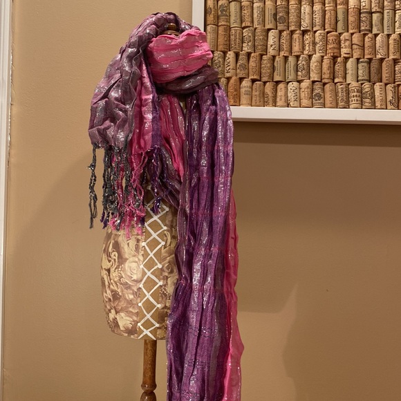 Elizabeth Gillet Pink & Purple Silver Metallic Scarf.  66” length - Picture 3 of 13